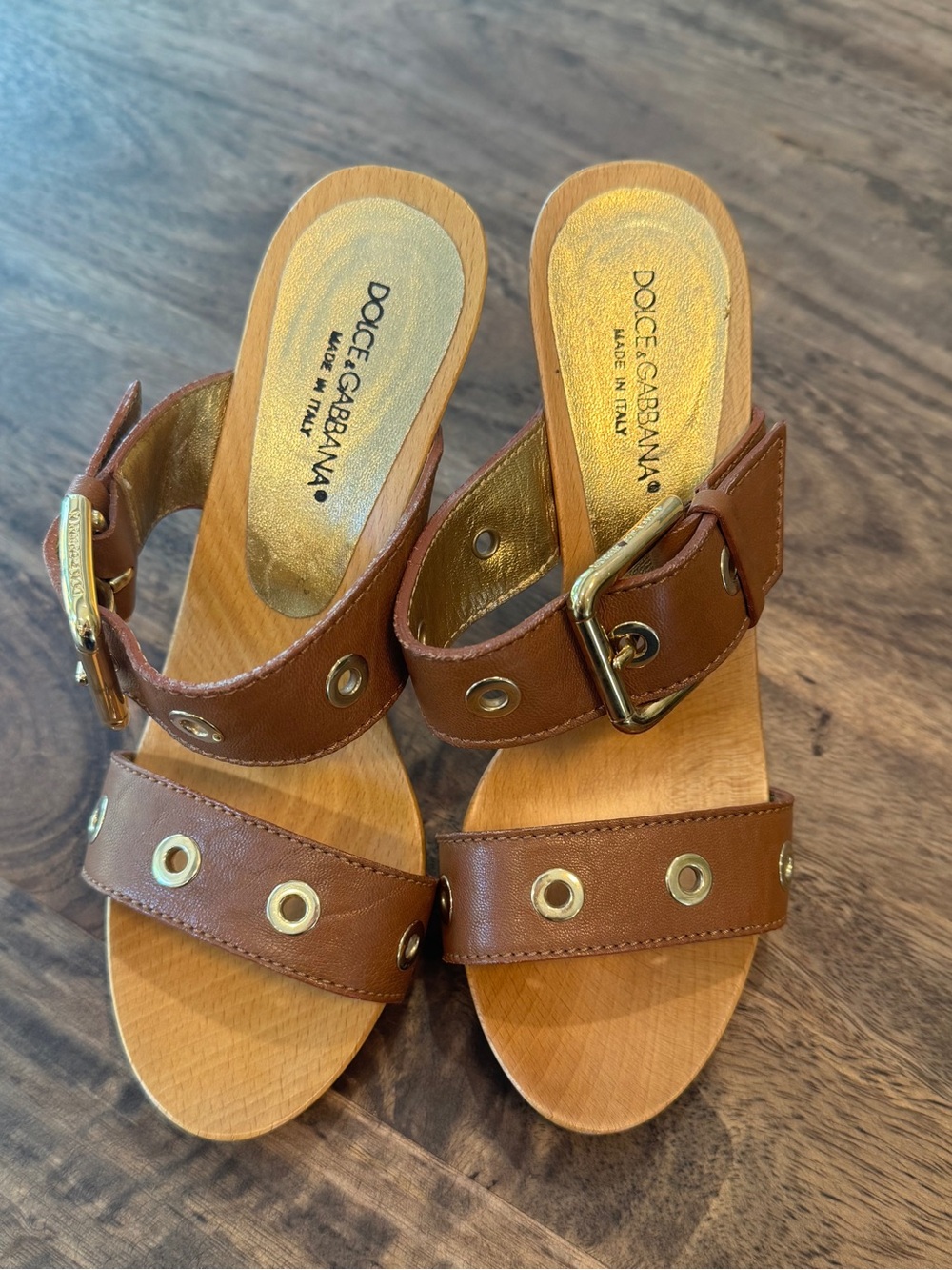 Dolce & Gabbana Brown Leather Grommet Wood-Effect Heel Sandals